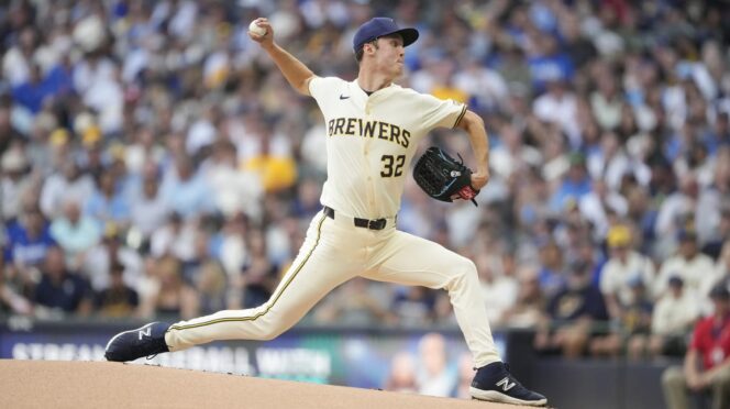 Brewers ace Jacob Misiorowski pitching at American Family Field before the Mets vs. Brewers game on July 20, 2026