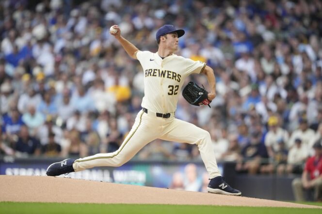 Brewers ace Jacob Misiorowski pitching at American Family Field before the Mets vs. Brewers game on July 20, 2026